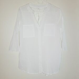 Women's Gauzy Top Small White Hippy 3/4 Sleeve V-neck Pockets Crochet Back Ranch